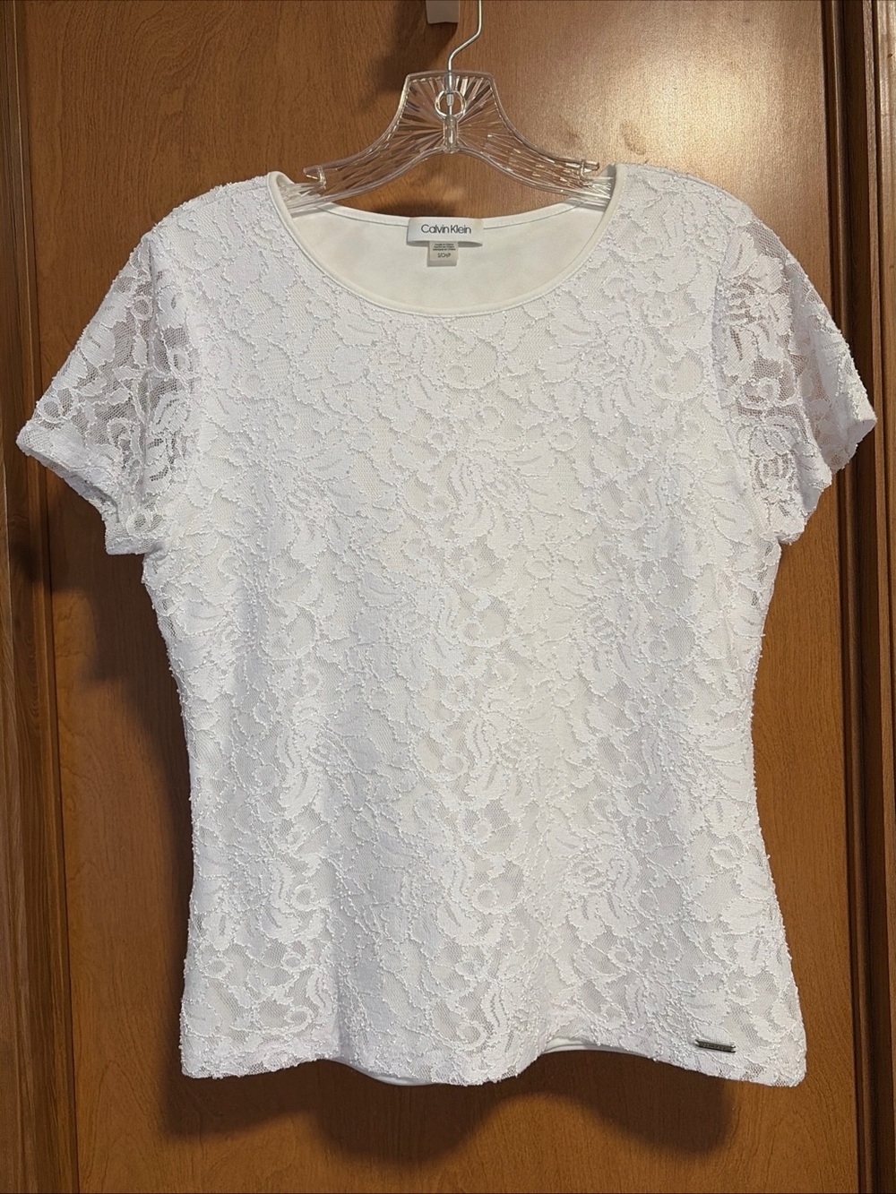 Women’s Calvin Klein Lined White Lace Covered Top - Petite Small - Short Sleeves